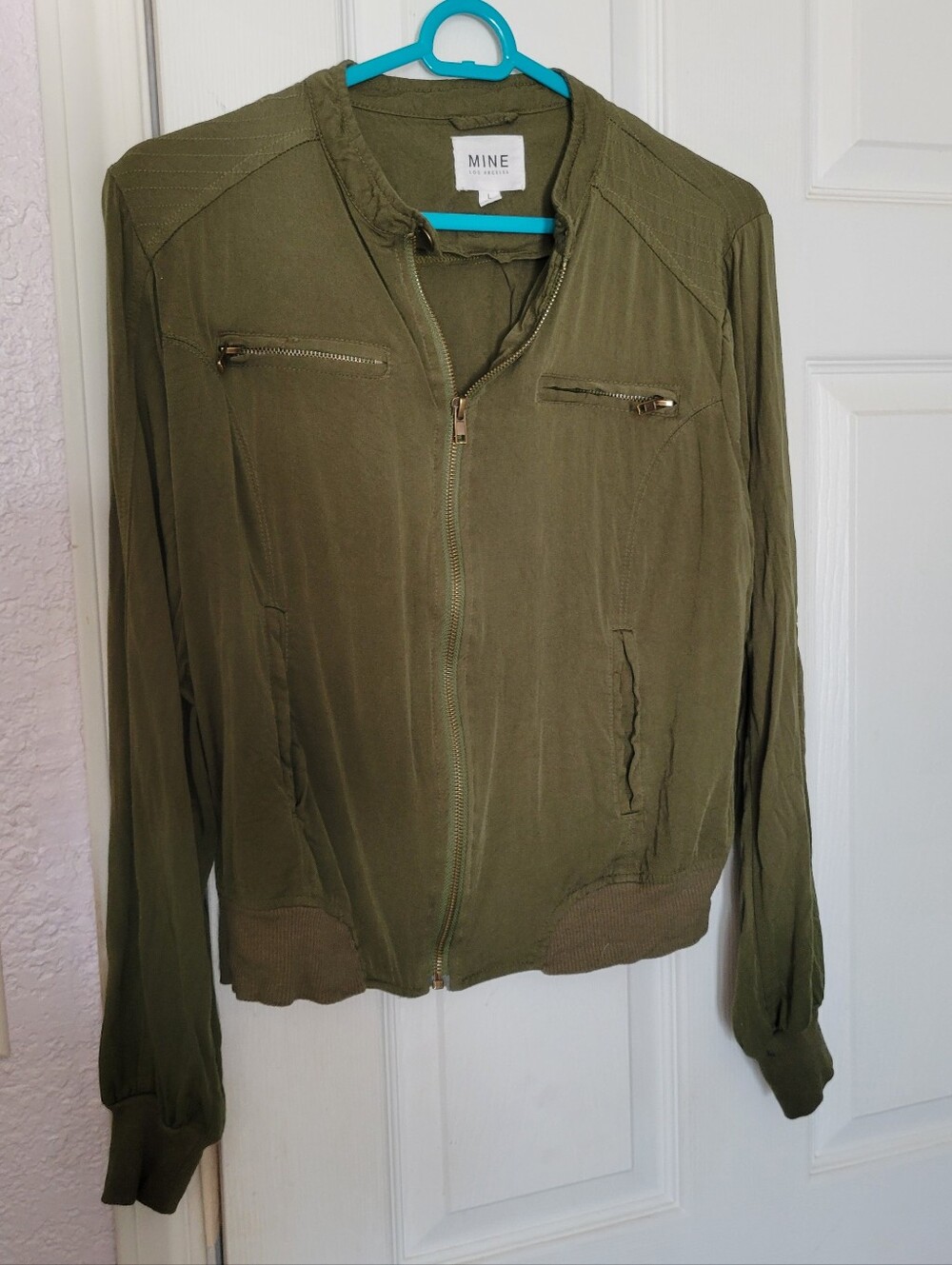 MINE Olive Green Lightweight Bomber Jacket with Gold Zippers